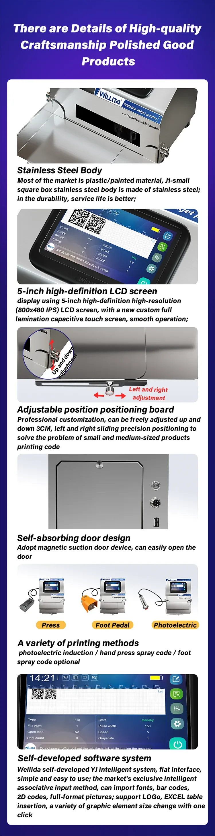 Inkjet printer design features with LCD touch screen, adjustment board, and controls