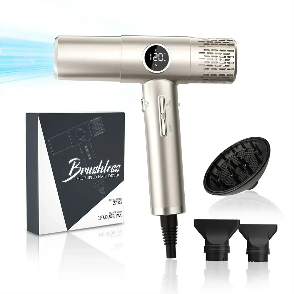 Champagne gold 110,000RPM high-speed ionic hair dryer with LCD display, diffuser, concentrators, and storage box.