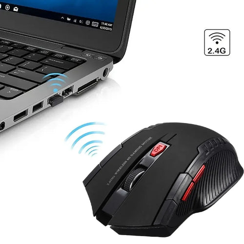 Black 6D wireless gaming mouse with red DPI and side buttons, scroll wheel, and USB receiver connected to a laptop.