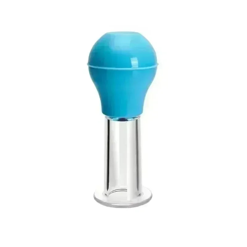 Blue rubber bulb attached to a clear, cylindrical suction cup for facial massage and vacuum therapy.