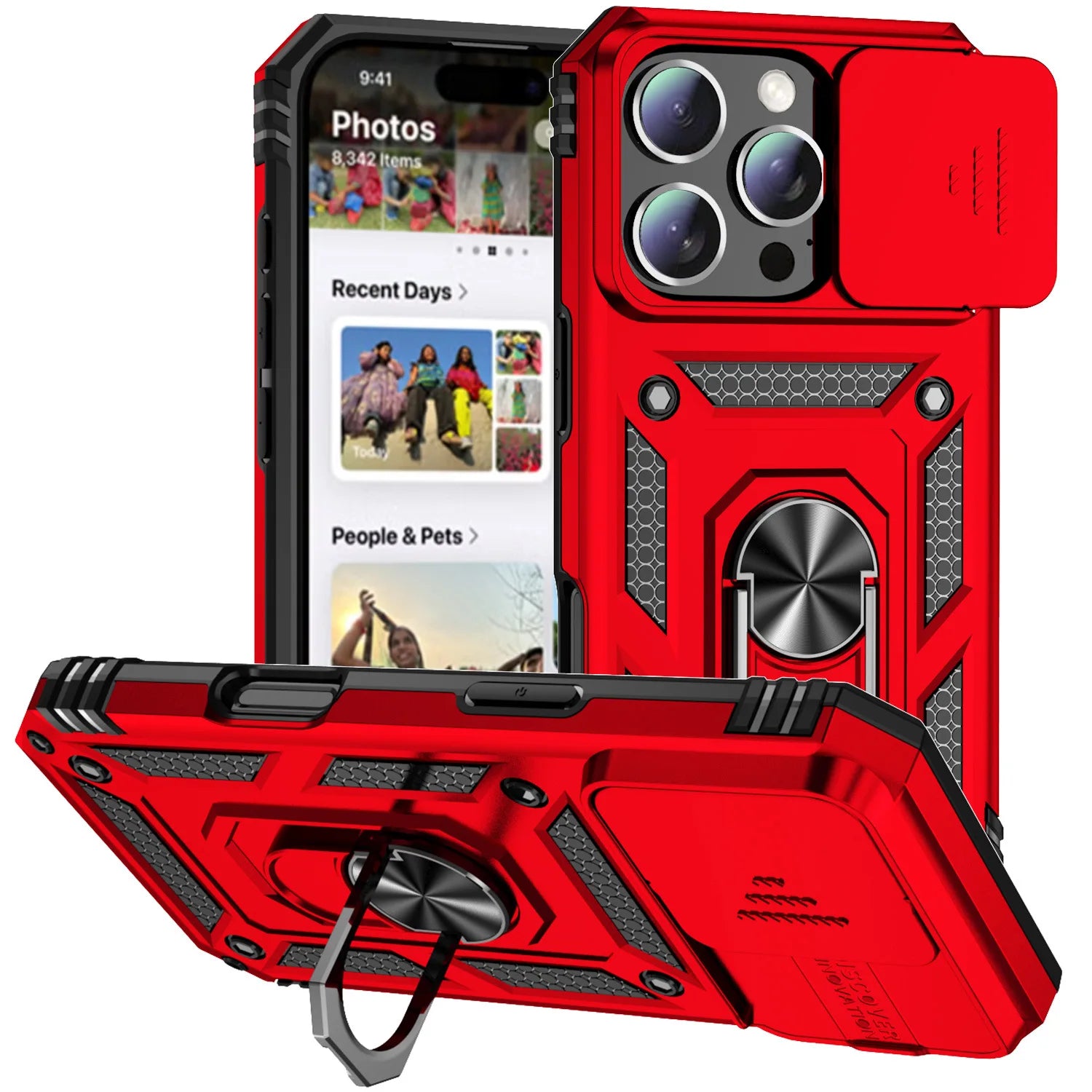 iPhone 16 Pro Max Case with Ring Stand and Lens Cover - Tidesmit Red Tidesmit