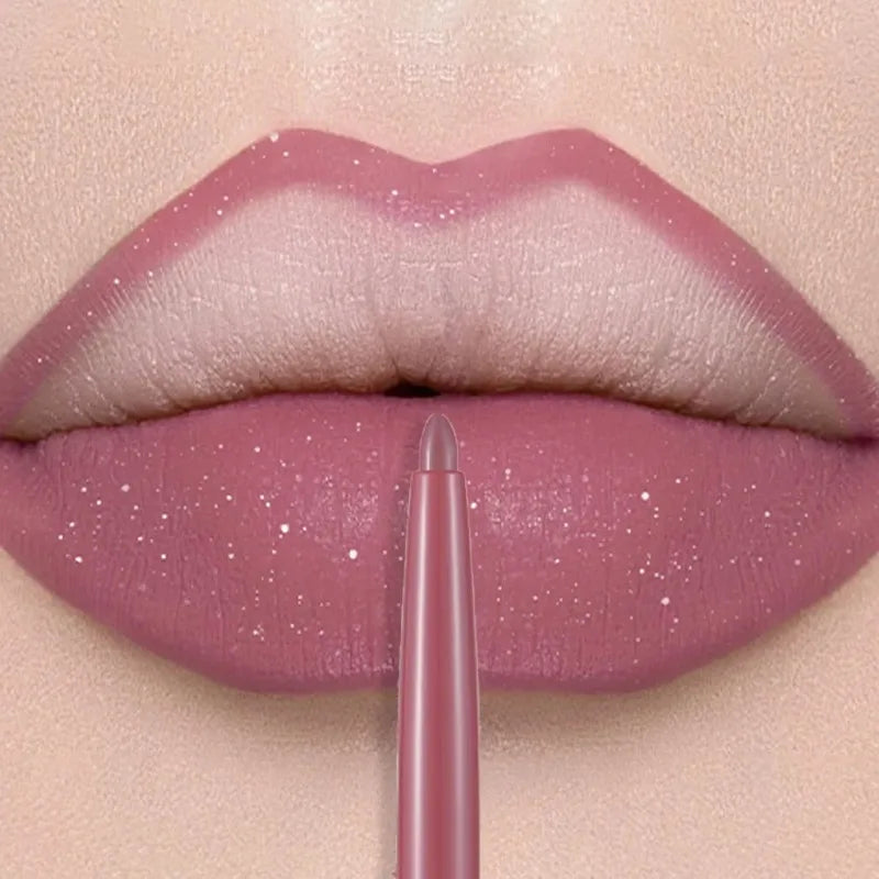 Long-lasting matte lip liner pen applying smooth, waterproof, velvet mauve lipstick with subtle shimmer finish.