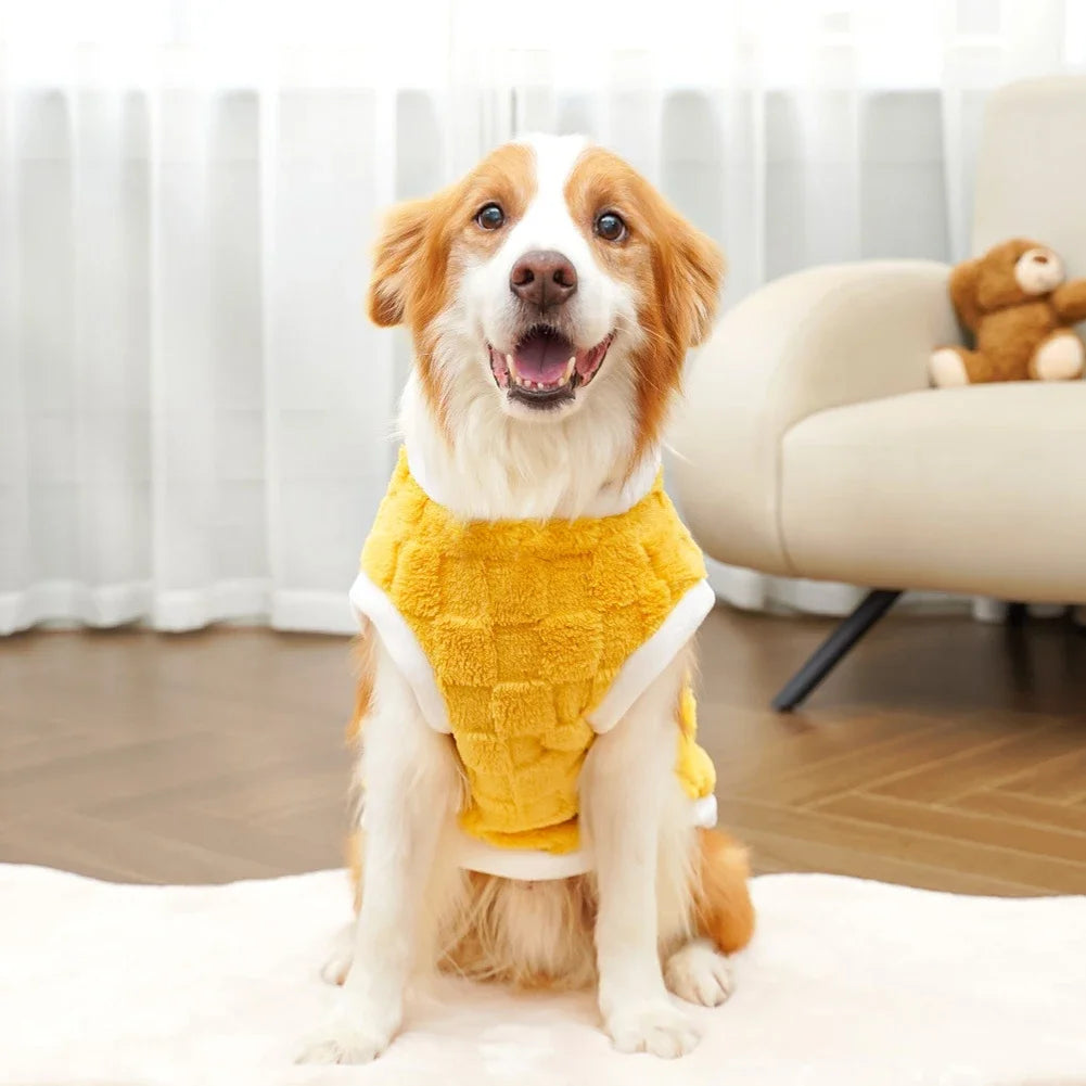 Dog wearing a cozy yellow fleece winter sweater for warmth and comfort, available in sizes S-8XL for large breeds.