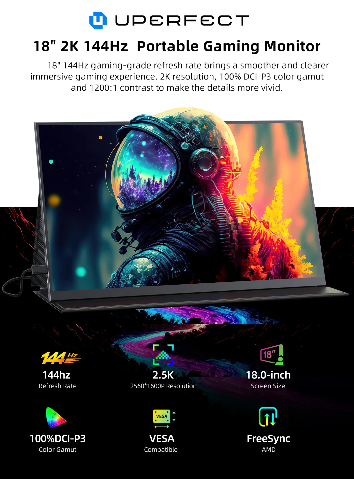 UPERFECT Portable Monitor 18 Inch 2.5K 100% DCI-P3 144Hz Gaming Display IPS LCD Panel Matte Mobile Screen FreeSync HDR With VESA
