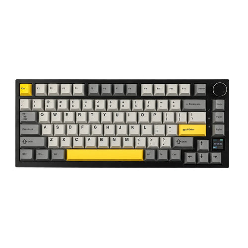 Ajazz AK820 Pro 75% mechanical keyboard, grey and yellow colorway with a rotary knob and TFT display screen.