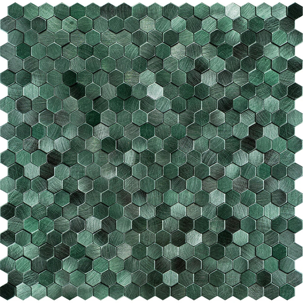 Hexagon metal mosaic tile sheet, deep green metallic stainless finish