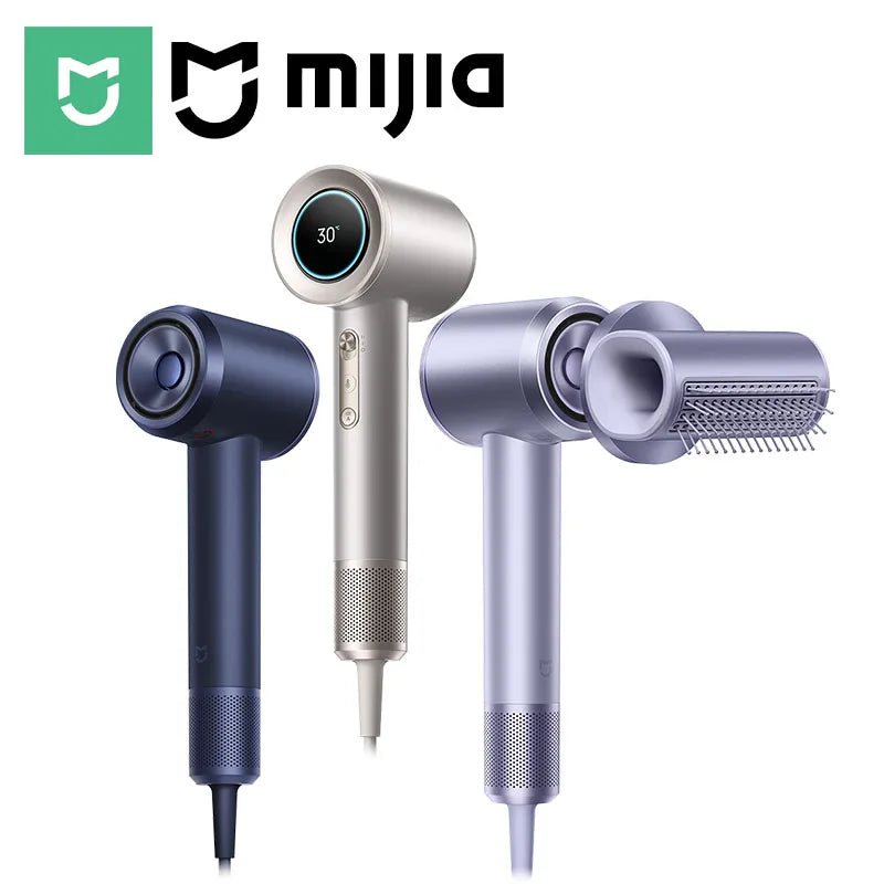 MIJIA high-speed ionic hair dryers in blue, silver, and purple with smart LED display and styling attachments.