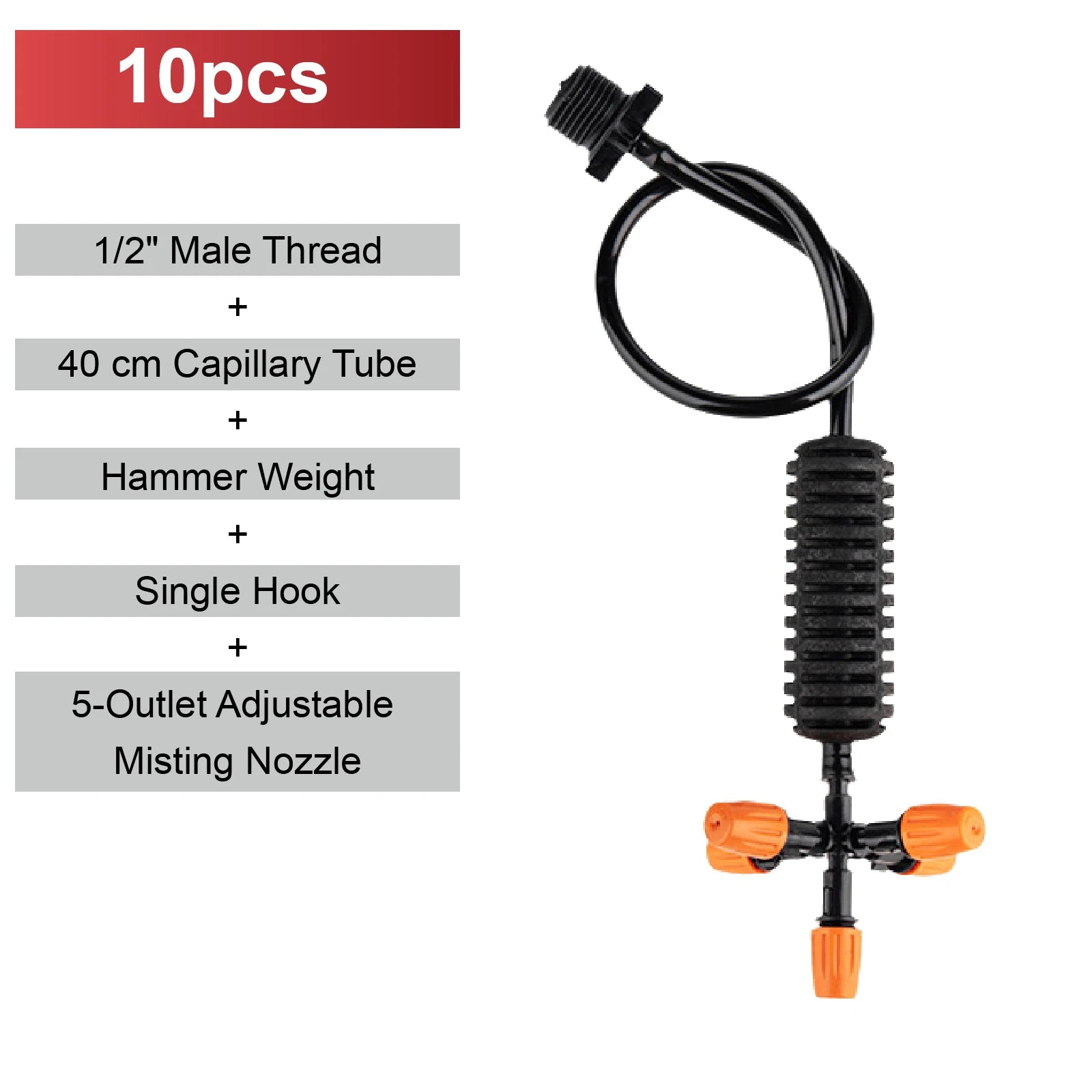 Misting nozzle kit with single hook, capillary tube, weight, and 1/2 in male thread