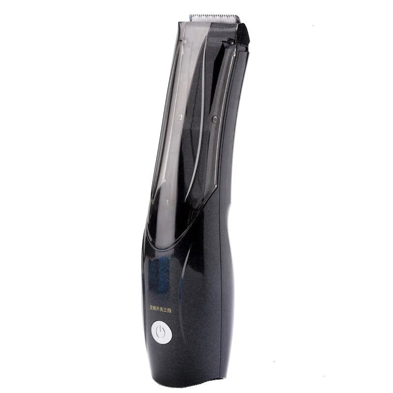 Black rechargeable pet hair vacuum clipper with 3-speed switch for easy dog and cat grooming and hair removal.
