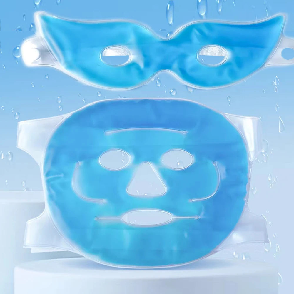 Blue gel-filled cooling face mask and matching eye mask made of transparent PVC, shown against a water-drop background.