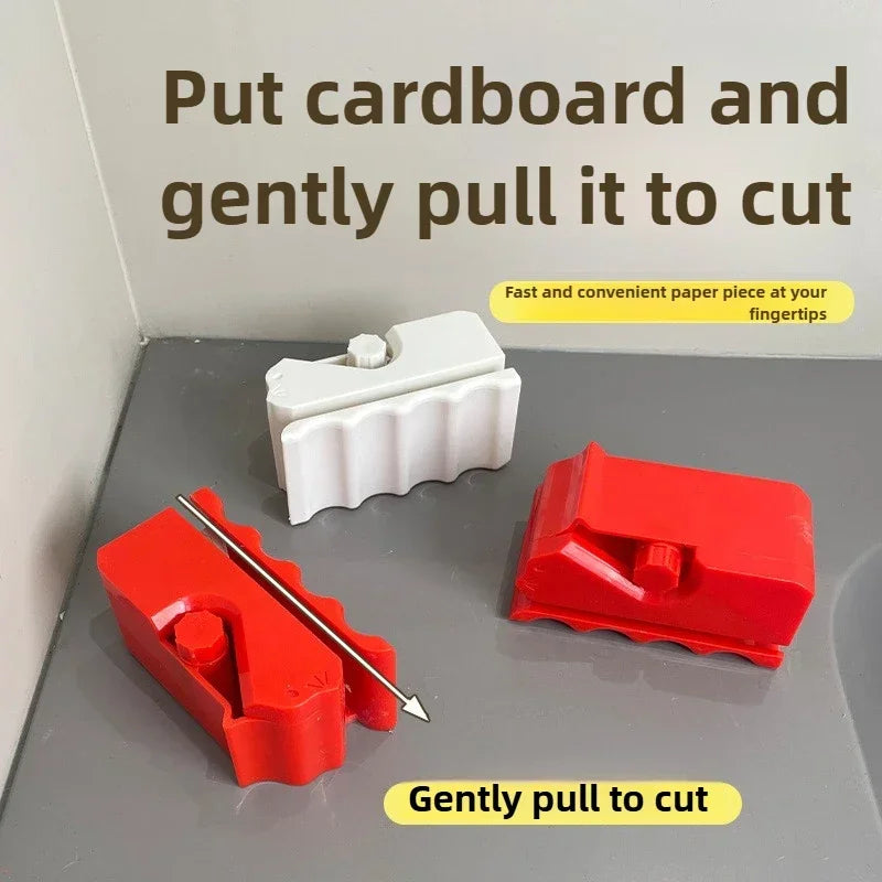 3-in-1 portable cat scratching board cutter tool in red and white for easy cardboard DIY and pet accessory recycling.