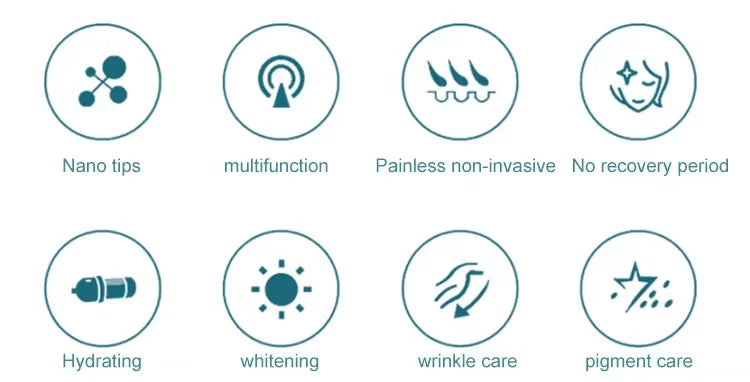 Features of 3-in-1 nano vacuum mesotherapy gun: RF, EMS, wrinkle removal, skin whitening, and painless hydrating care.