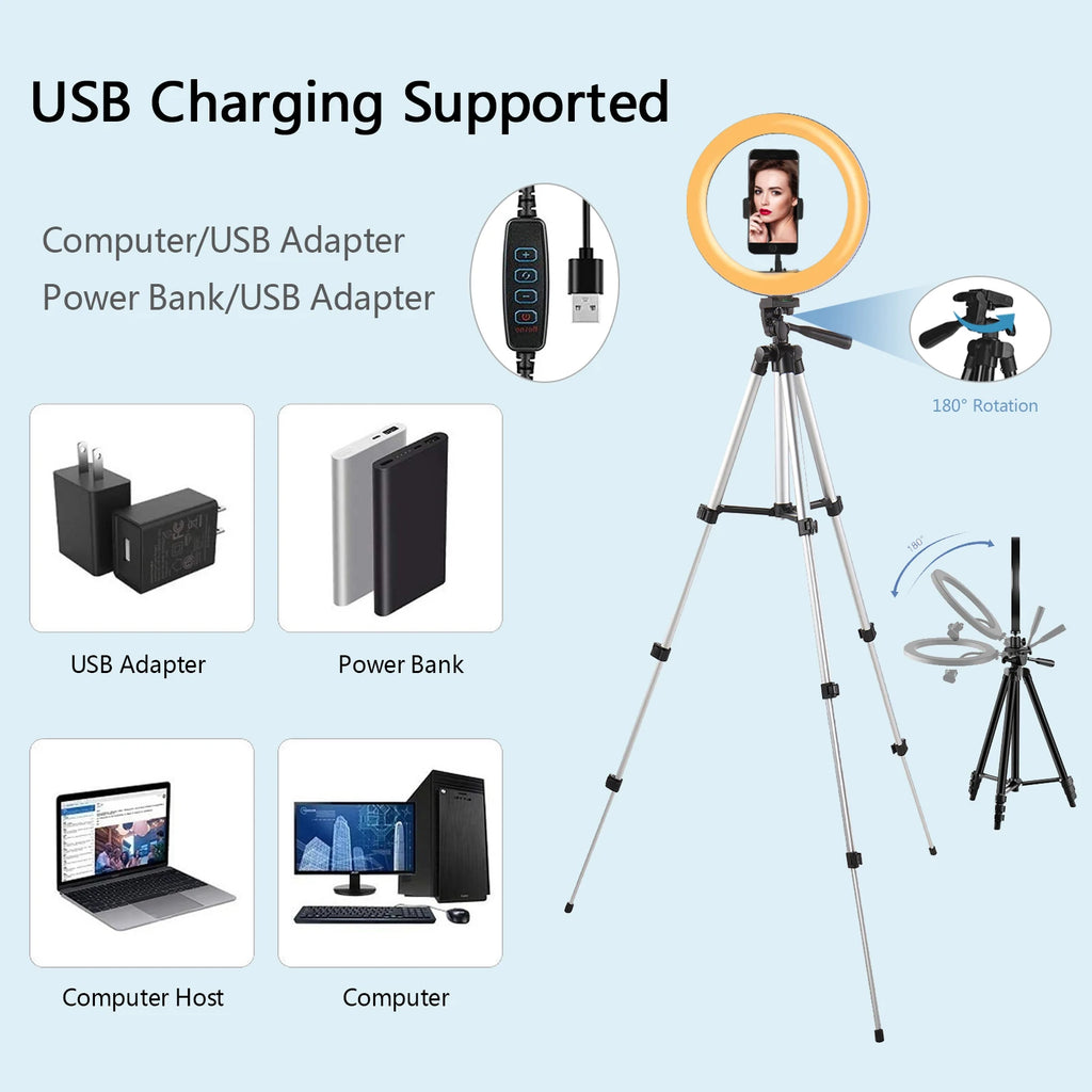 Ring light with a tripod stand and phone holder, powered via USB for video recording or photography.