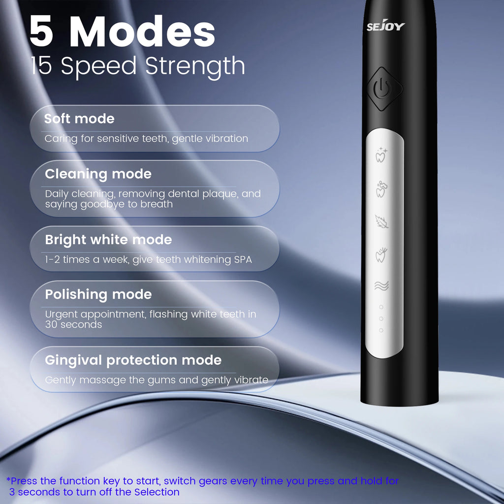 Sejoy Electric Sonic Toothbrush with 10 pcs Replacement Heads 5 Modes USB Rechargeable Waterproof Electric Tooth Brushes