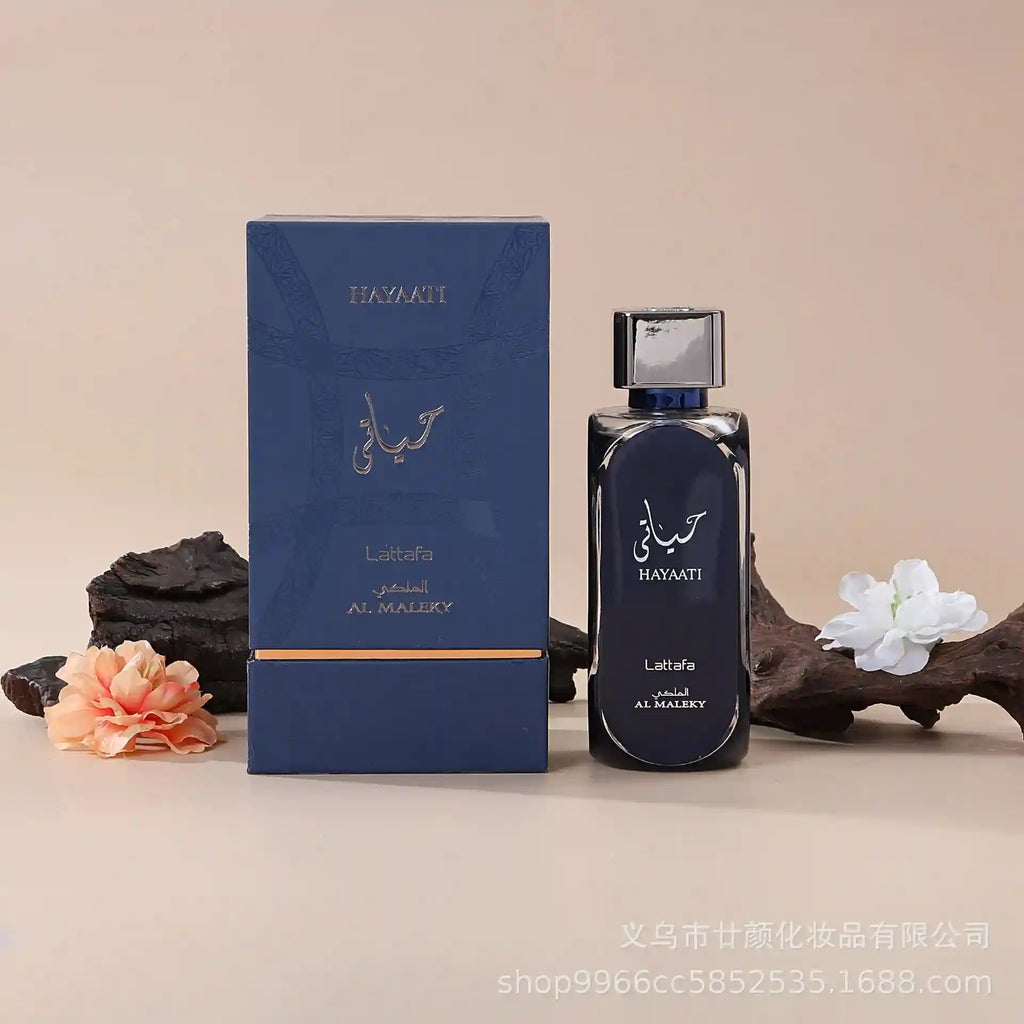 Lattafa Hayaati Al Maleky: Long-lasting Arabian men's EDP in a sleek black bottle with premium gift box.