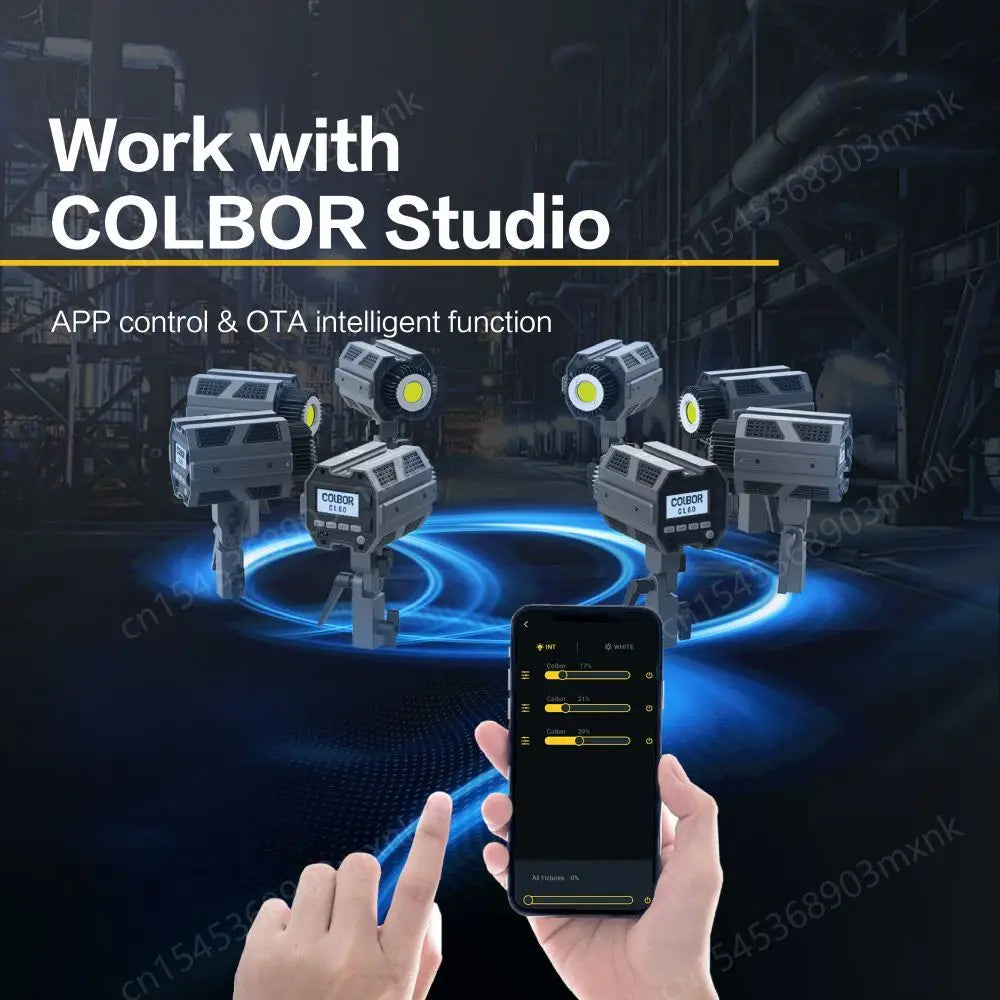 Six gray compact CL60 LED studio lights arranged in a circle, wirelessly controlled by a smartphone app.
