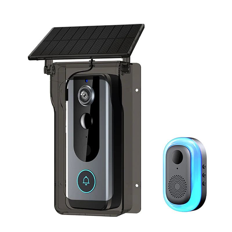 Outdoor wireless video doorbell with black solar rain cover and blue indoor chime