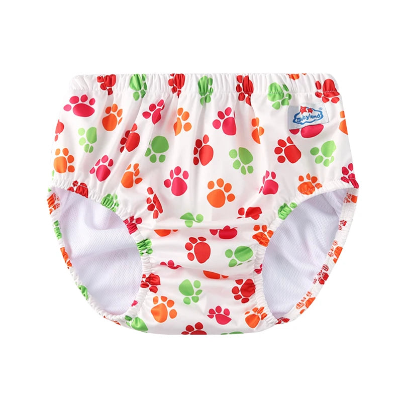 Babyland baby swim diaper with colorful paw print design, white base, elastic waist and leg openings.
