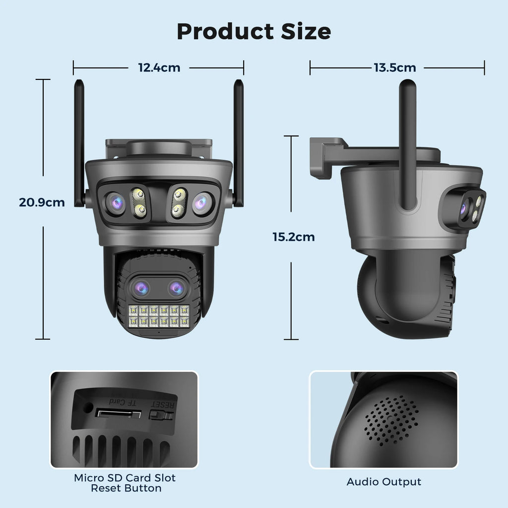20MP Outdoors Wifi Camera 10K HD Three Lens Security 5G PTZ IP Camera 10X Digital Zoom Lens Human AI Auto Detect Tracking Camera