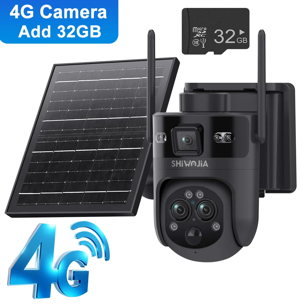 Black outdoor solar security camera with 4G, three lenses, and solar panel plus 32GB TF