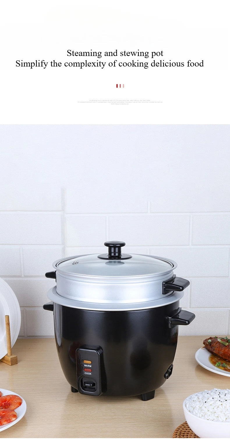 Mini rice cooker with glass lid, black pot body, and side handles for steaming and cooking