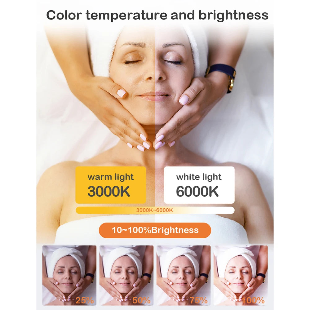 Split screen showing skincare light settings with adjustable color temperatures 3000K-6000K and 10-100% brightness
