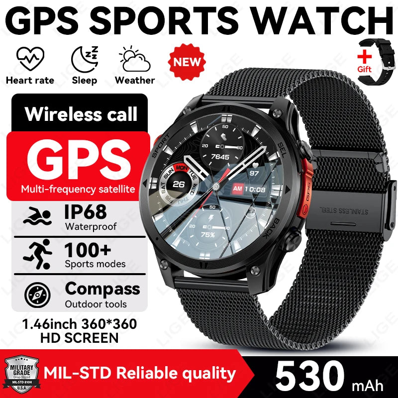 Black GPS sports smartwatch with mesh strap and red bezel accents, 1.46 in HD screen.
