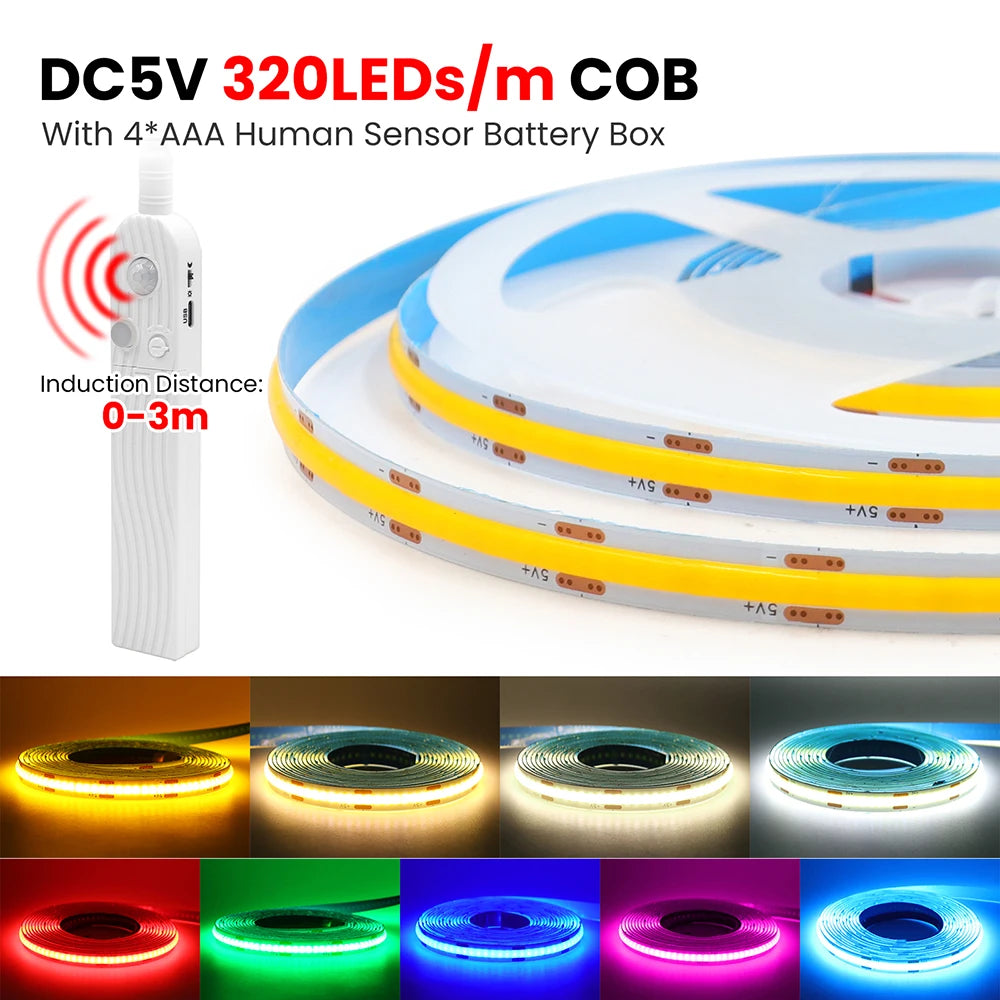 5V Motion Sensor LED COB Light Strip Human Induction USB/Battery Powered Flexible Lamp Under Cabinet Stairs Wardrobe Nightlights