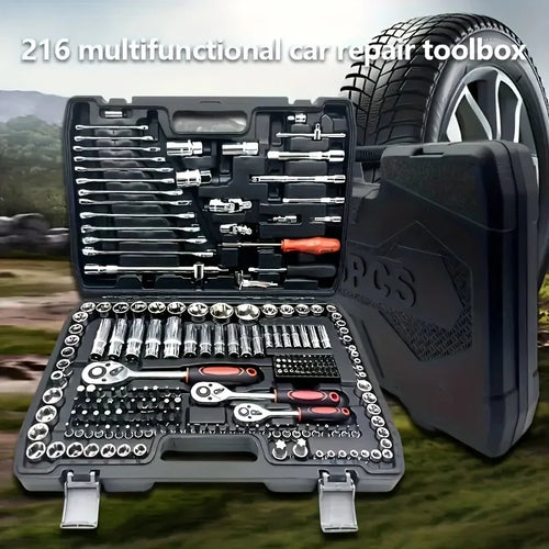 Automotive socket set in open black case with chrome bits and orange-handled tools