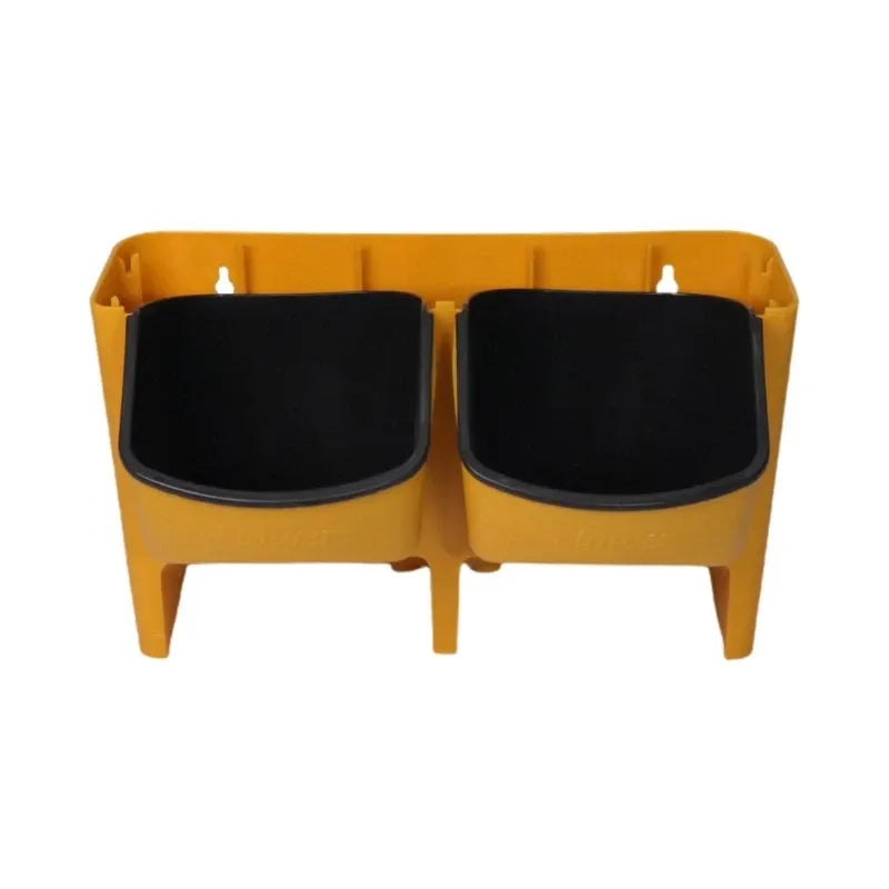 Yellow double-pocket hanging wall planter with two black cup inserts.