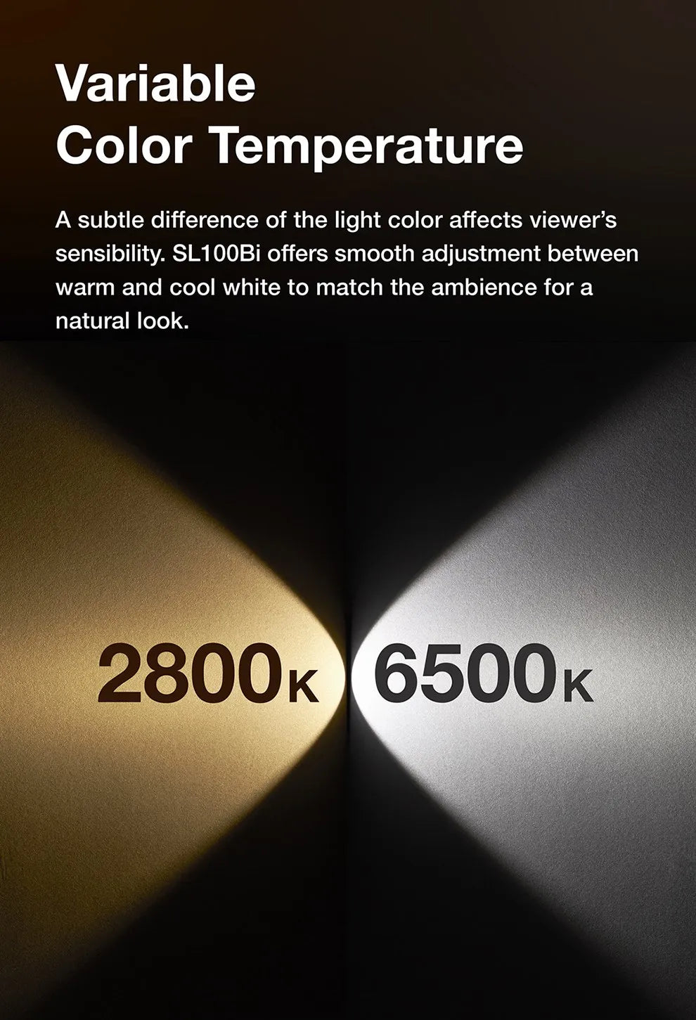 SL100Bi LED light showing variable color temperatures from warm 2800K to cool 6500K for adjustable lighting.