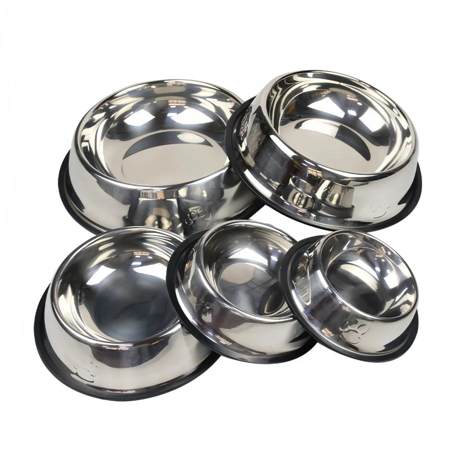 Durable stainless steel pet bowls for dogs and cats. Easy-to-clean metal feeding and water dishes in assorted sizes.