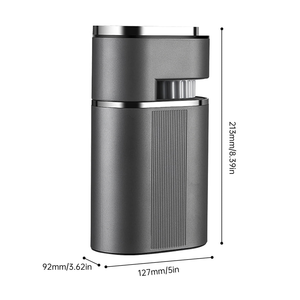 Grey portable coffee grinder with brushed metal finish, measuring 213mm x 127mm x 92mm.