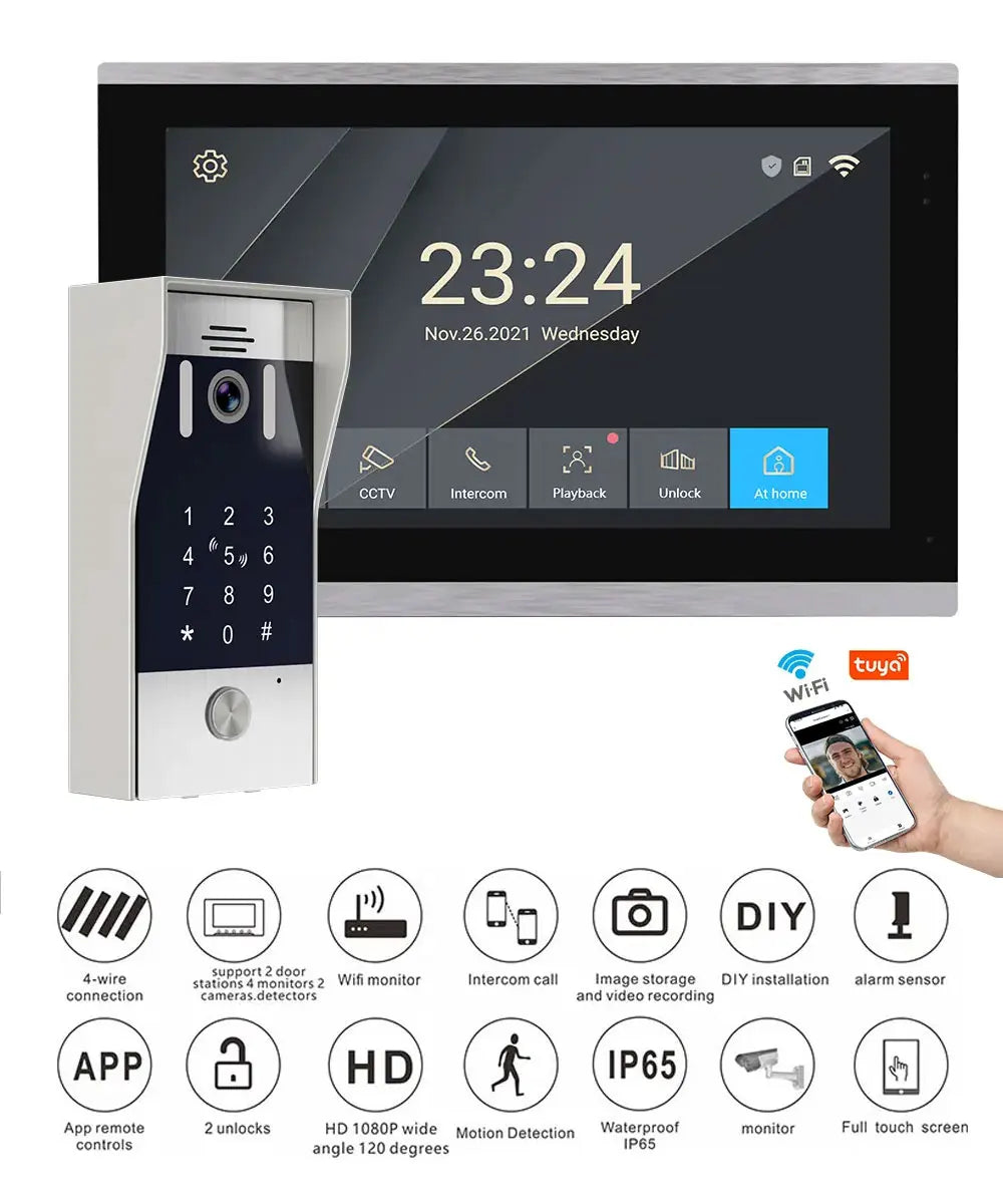 5in1 Unlock Doorbell 10inch 1080P Touch Monitor Video Intercom System Home intercom with Fingerprint IC Card Unlock for apartmen