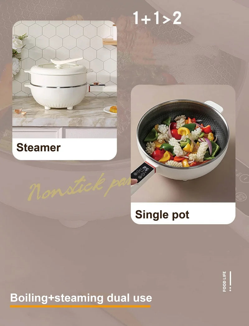 Electric pot with steamer lid plus single-pot cooking, showing vegetables inside pot