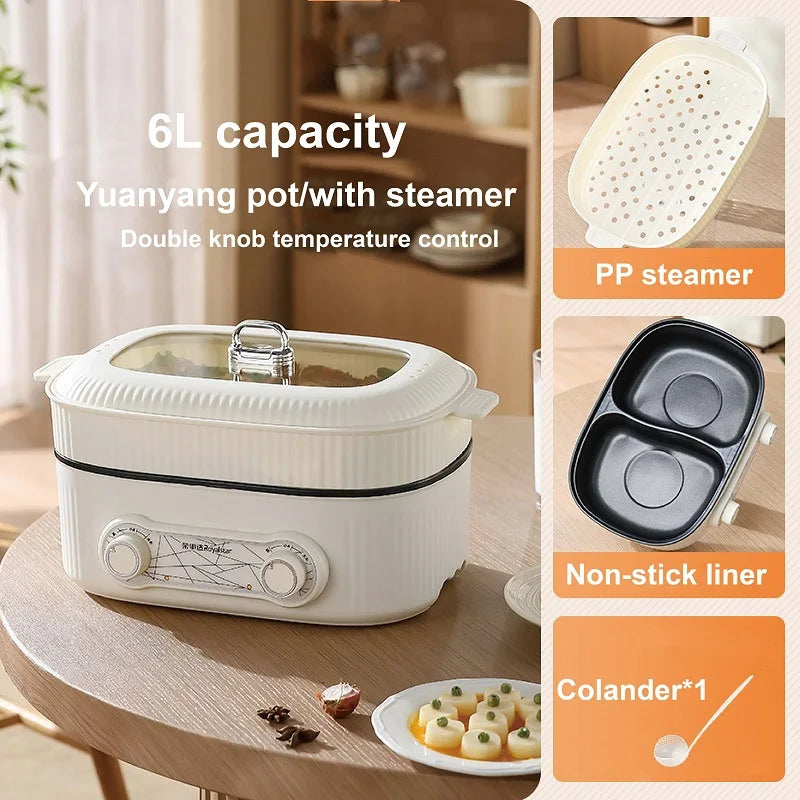 White electric hot pot with steamer lid and perforated PP steamer tray for 6L cooking