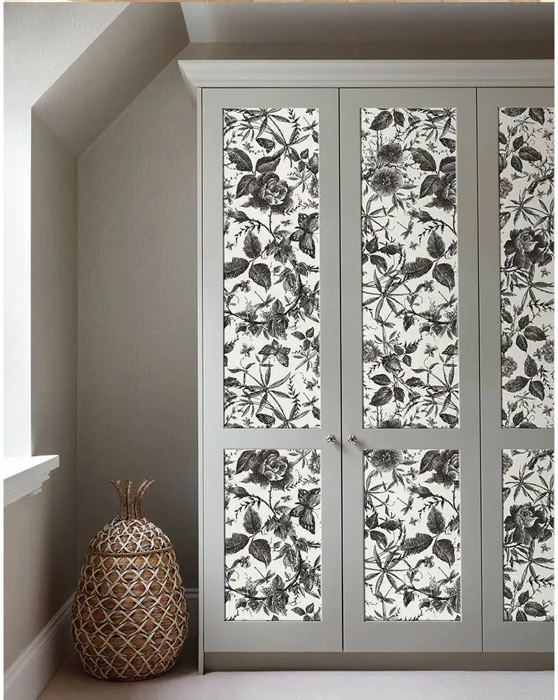 Self-adhesive floral wallpaper for closet doors, black-and-white botanical blocks pattern