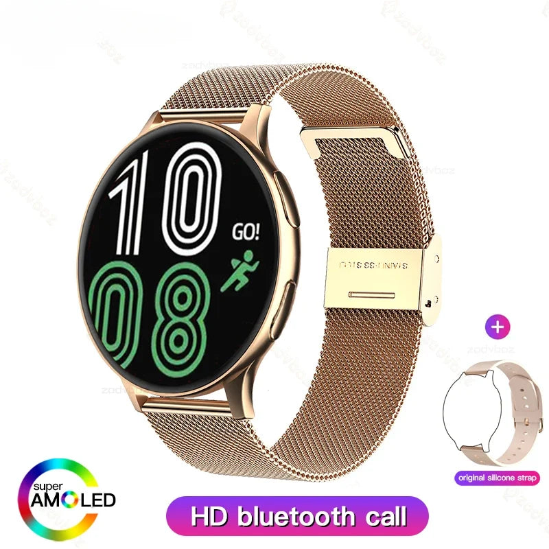 Rose gold metal mesh smartwatch with black display and green fitness icons