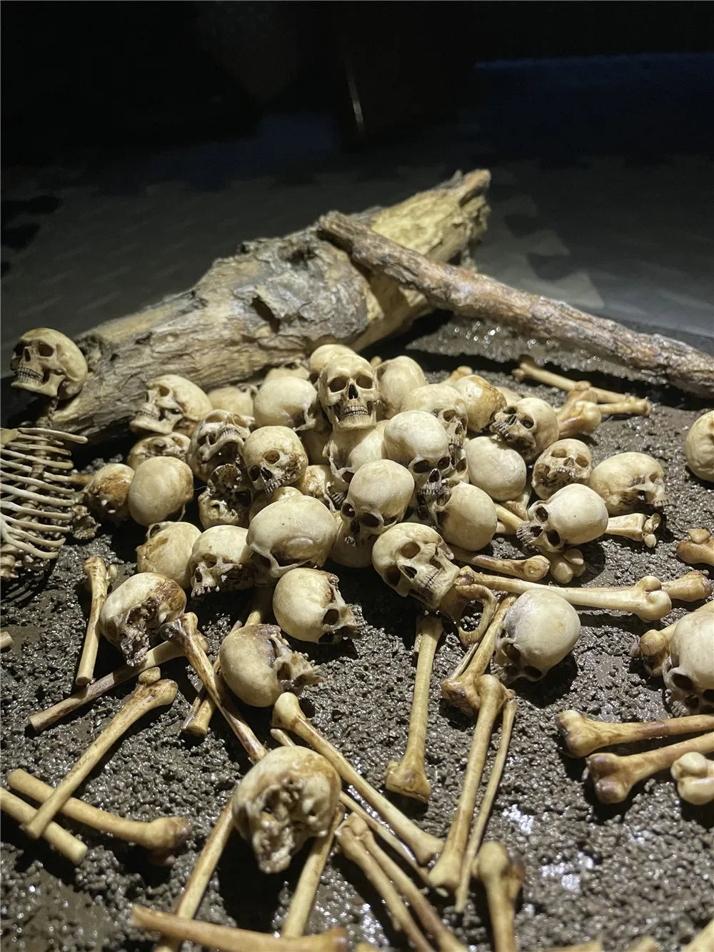 Faux human skull and bone pile model for reptile tank, aquarium decor, or gothic home display. 1:12 scale resin prop.