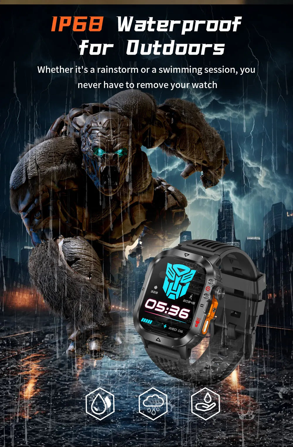 Official Transformers Men Military Smartwatch 1000mAh Big Battery 2.01" HD AMOLED Display Bluetooth Call Waterproof Smart Watch