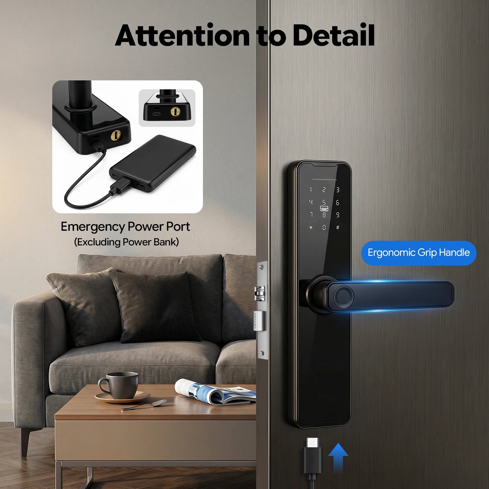 Smart Door Lock Fingerprint Password WiFi TUYA APP Electronic Keypad Lock with 180° Rotatable Handle 50 Fingerprints 100 Passwords Capacity Aluminum Alloy for Home Hotel Office Indoor Outdoor