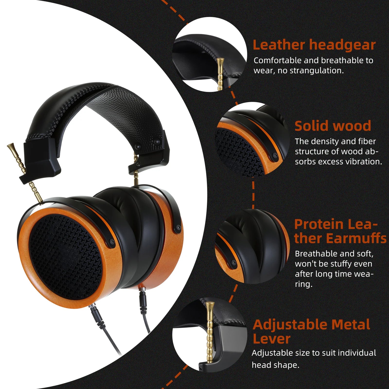 Wooden HiFi Open-Back Headphones 53mm Drivers - HD11 Detachable Cable Tidesmit