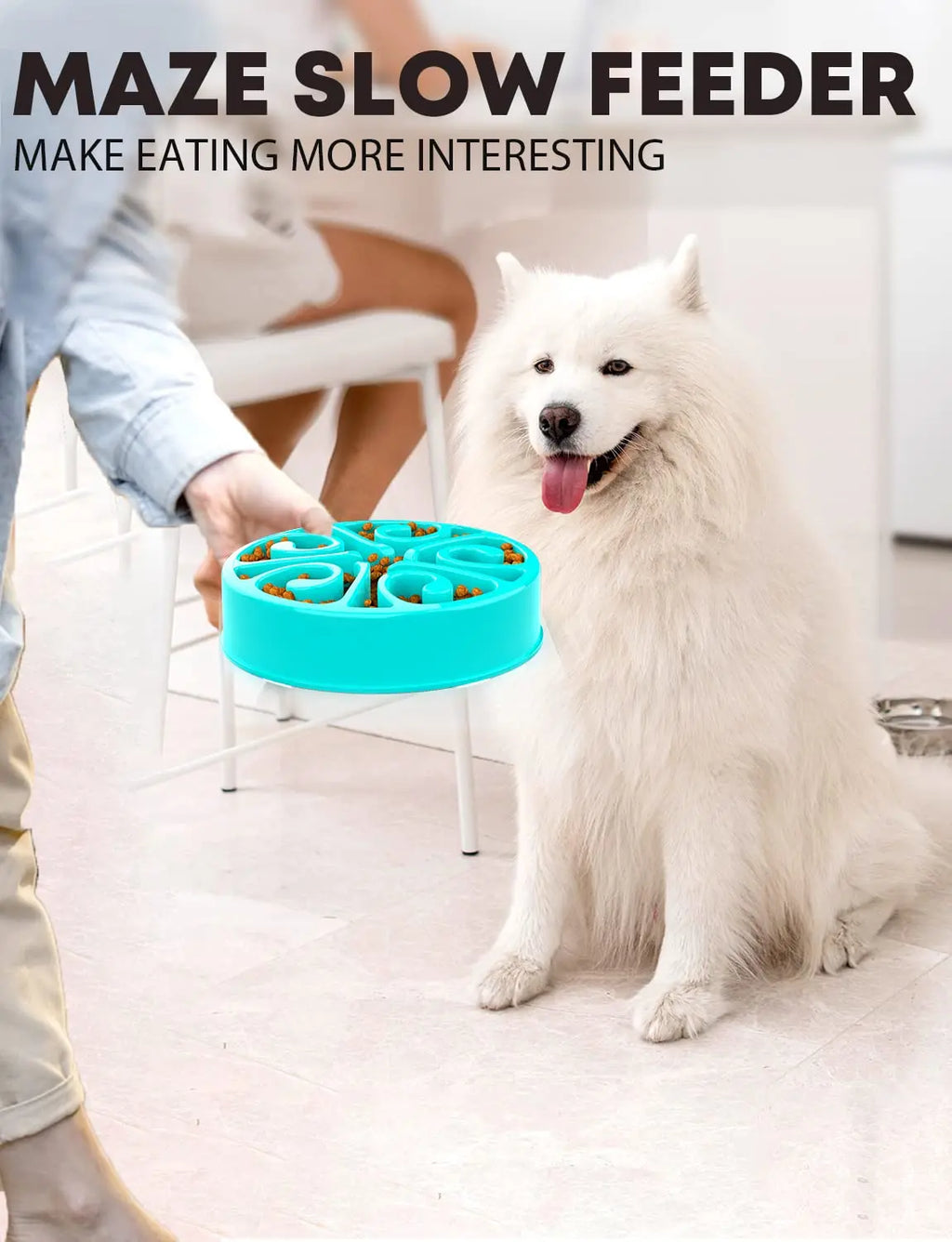 Blue non-slip maze slow feeder bowl for dogs to prevent gulping and improve digestion during mealtime.