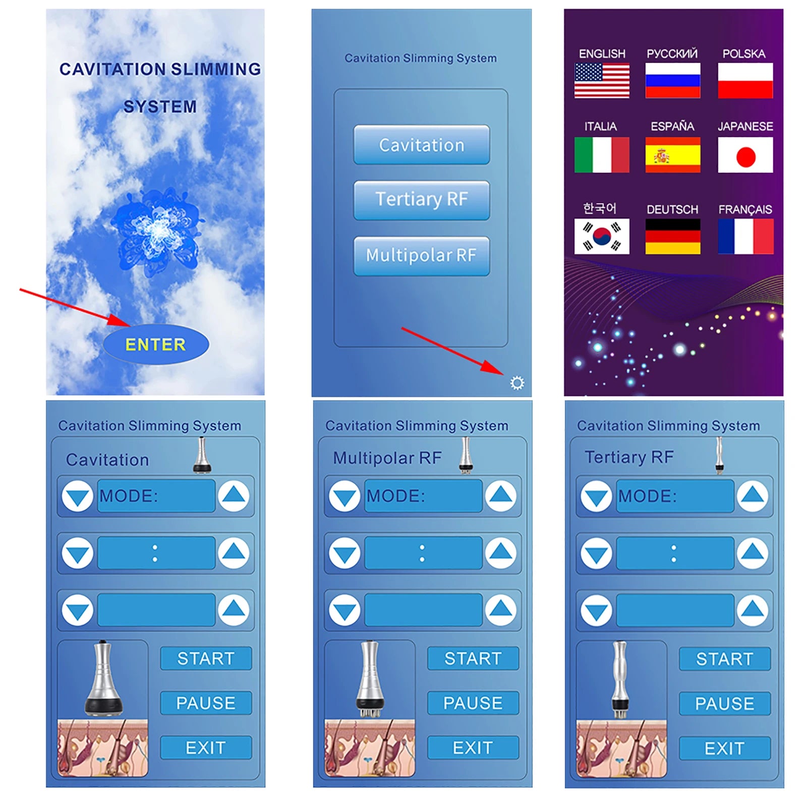 Digital interface screens for a BEEMY cavitation and RF beauty device, showing menus, language options, and settings.