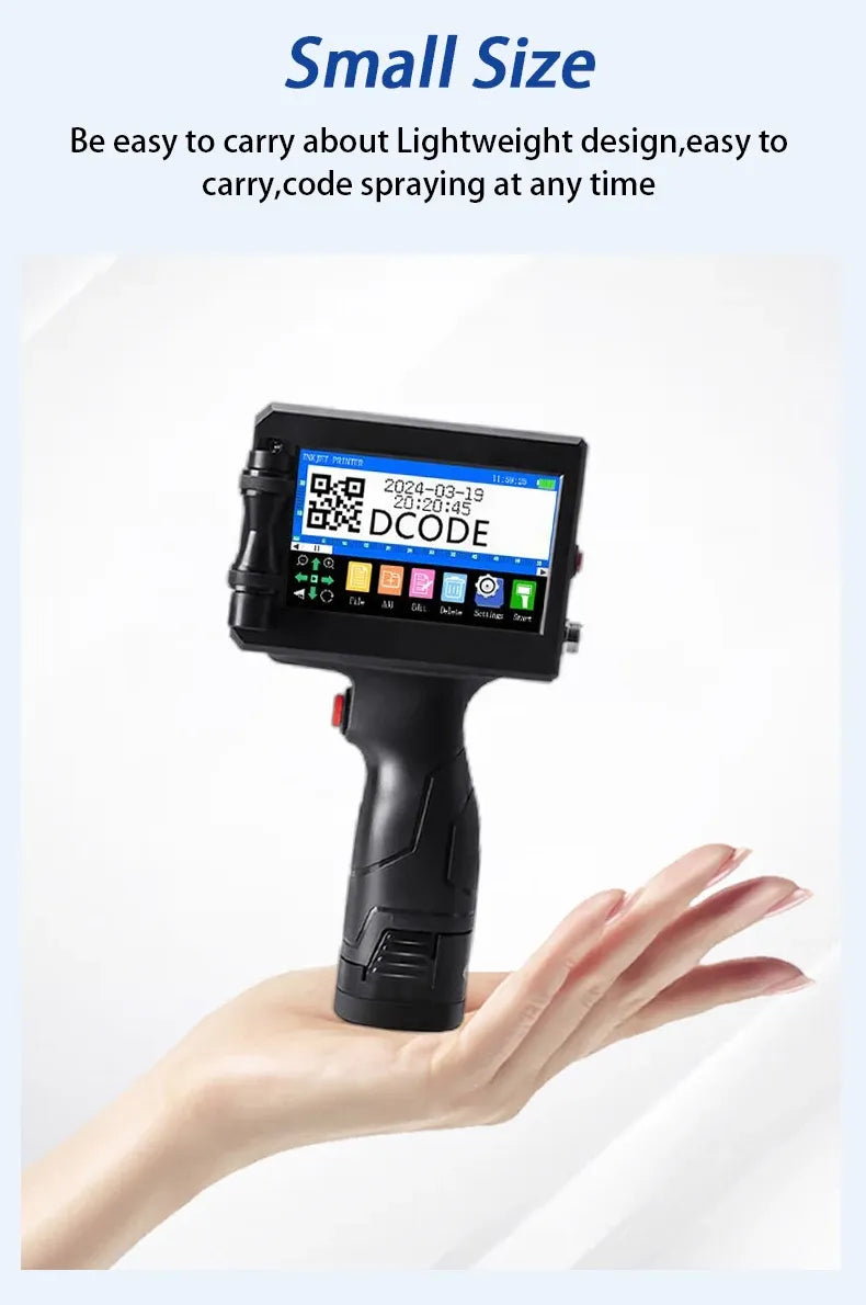 Handheld inkjet printer with touchscreen, held near an open hand for scale