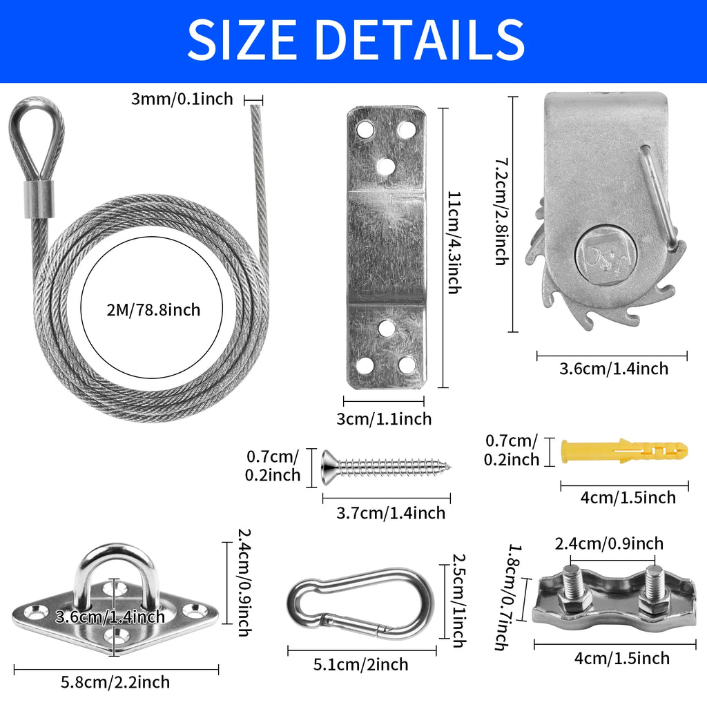 Sun shade sail size details diagram for rope, hooks, eye plates, and extension cable