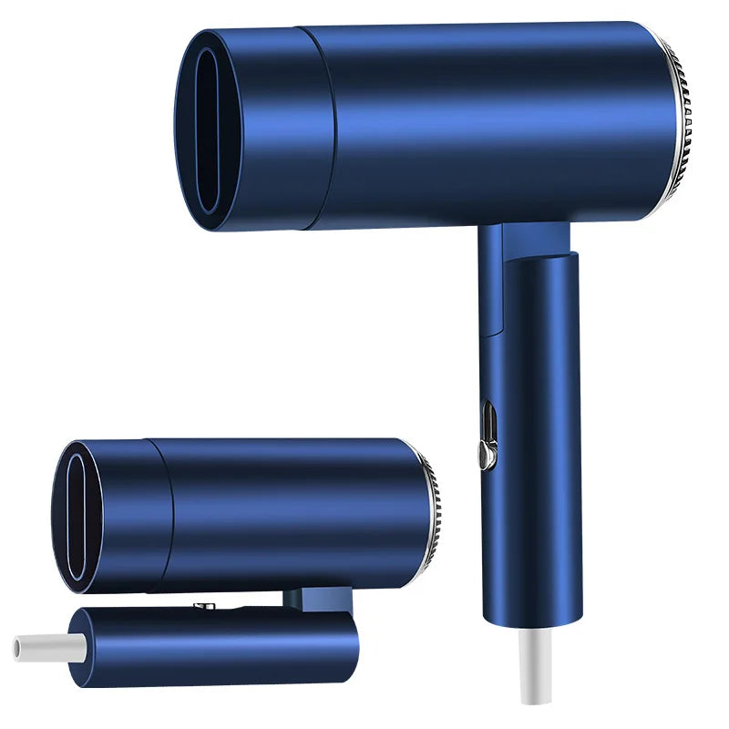 Blue ionic mini hair dryer, foldable design with nozzle attachment for fast, quiet drying. Compact travel hairdryer.