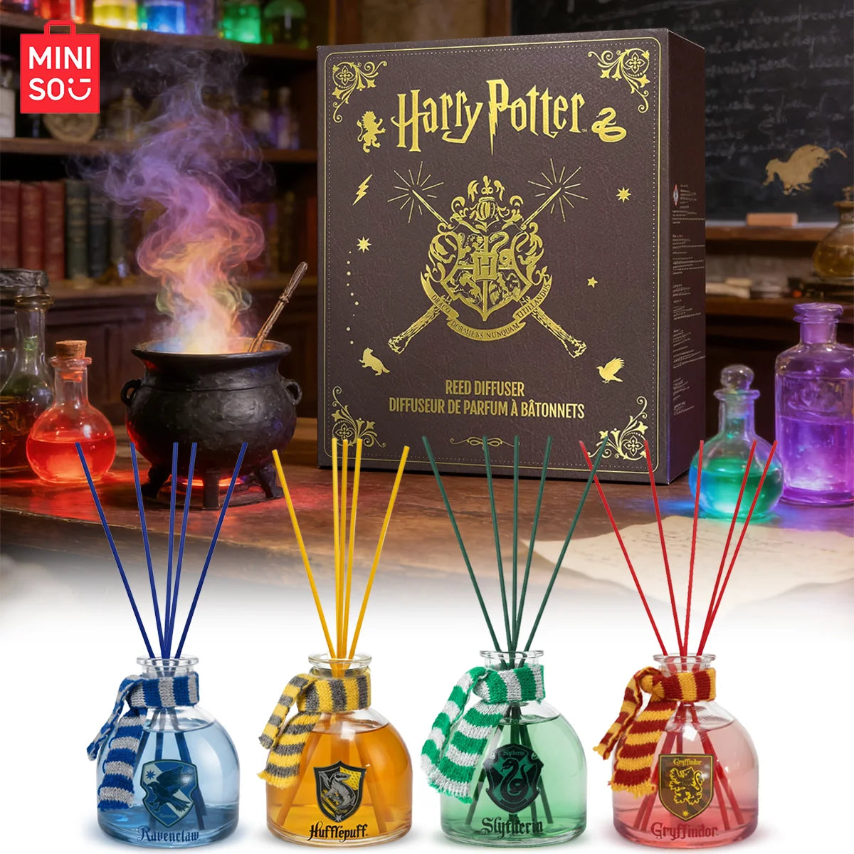 MINISO Harry Potter 4-piece reed diffuser set, glass bottles with house scarves, home fragrance gift for fans.