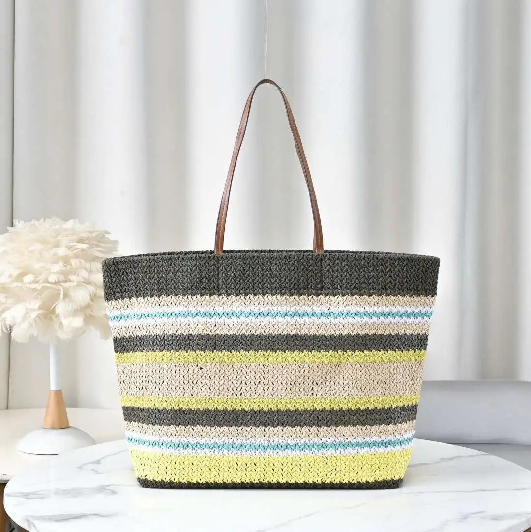 Fashion Woven Straw Tote Large Capacity Beach Resort Style Bag Women Contrast Stripes Shoulder Handbag Luxury Designer