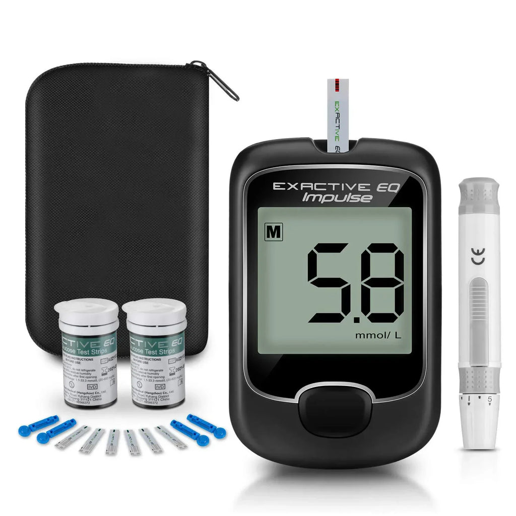 EXACTIVE EQ Impulse blood glucose meter kit with black monitor, lancet device, test strips, and carry case.